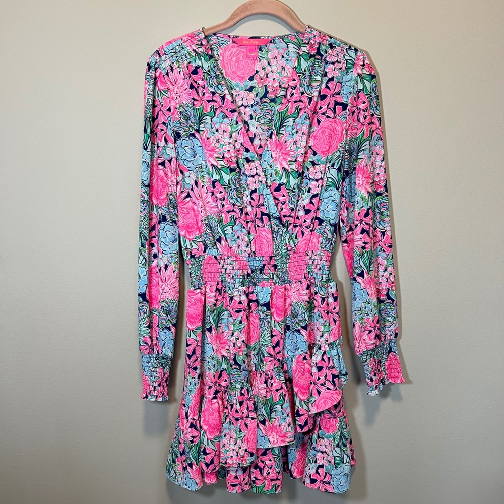 Lilly Pulitzer Pink Blue Floral Smocked Waist Ruffle Mini Dress Women's 4